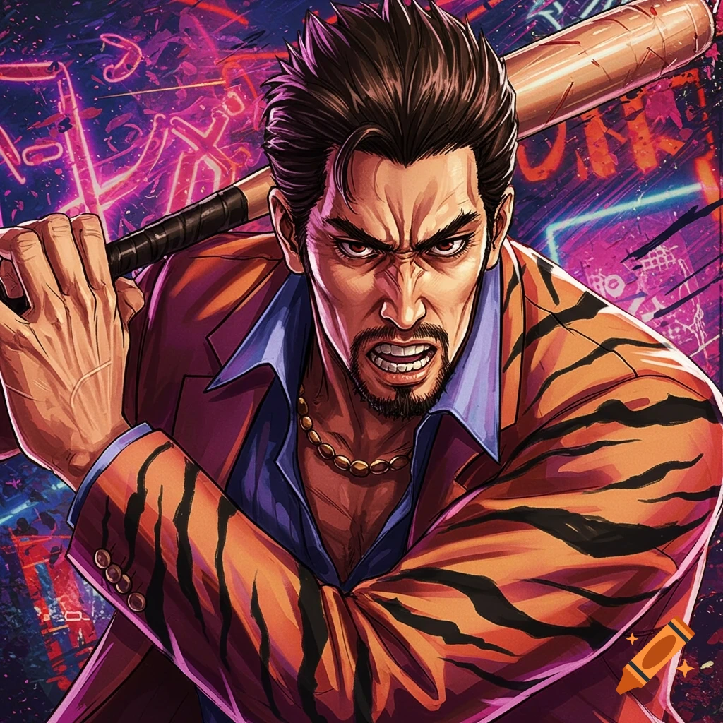 An angry, bearded man in a tiger-striped jacket holds a baseball bat, in a dynamic anime style with a neon background.