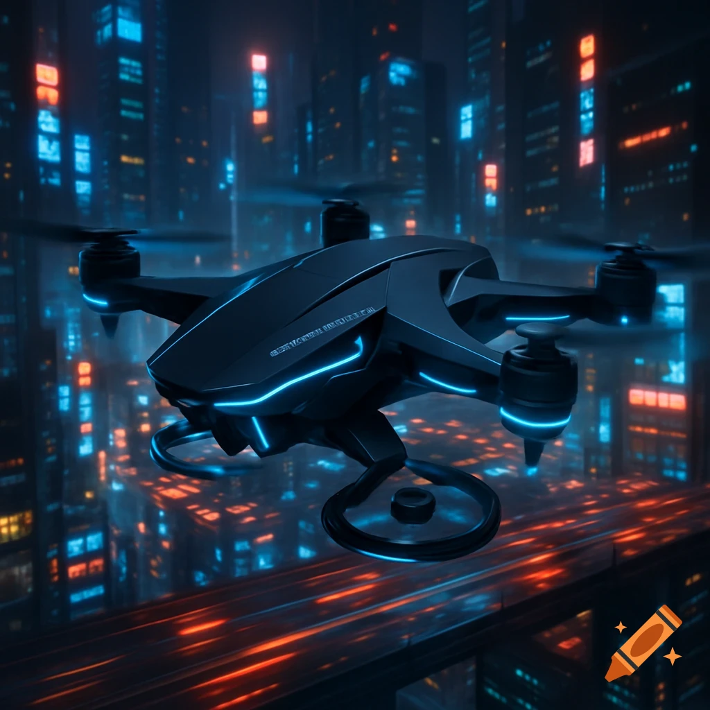 A sleek, black futuristic drone with glowing blue lights flies over a neon-lit cyberpunk city at night.