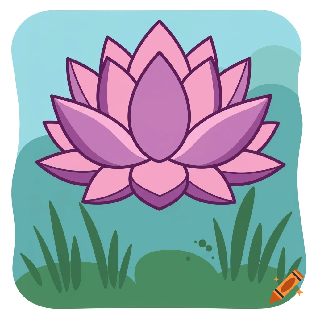 A stylized cartoon lotus flower with pink and purple petals and bold lines, set against a blue and green background.