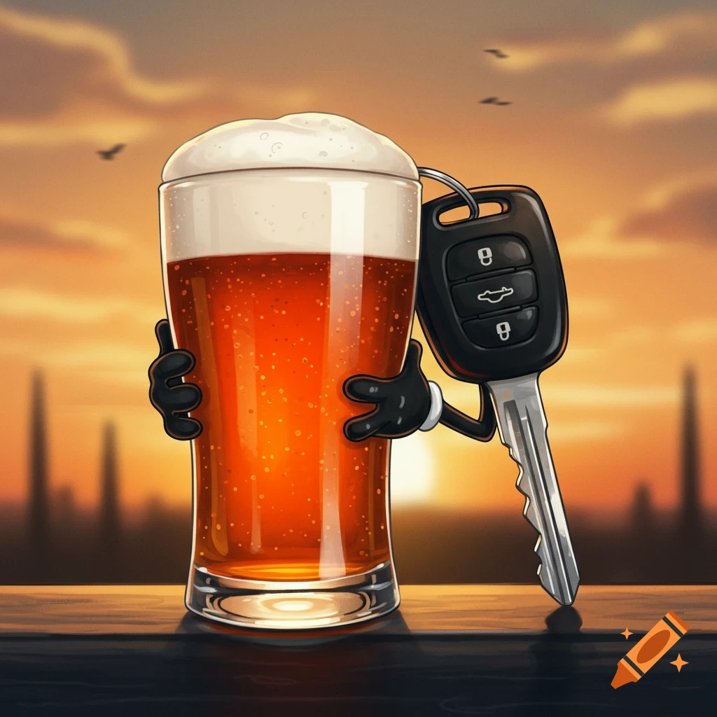 Cartoon illustration of a glass of beer with arms holding a car key fob with arms, against a sunset cityscape.