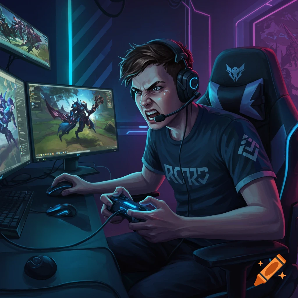 An angry young male gamer with headphones and a microphone, intensely focused on his computer screens, playing a video game in a neon-lit room.