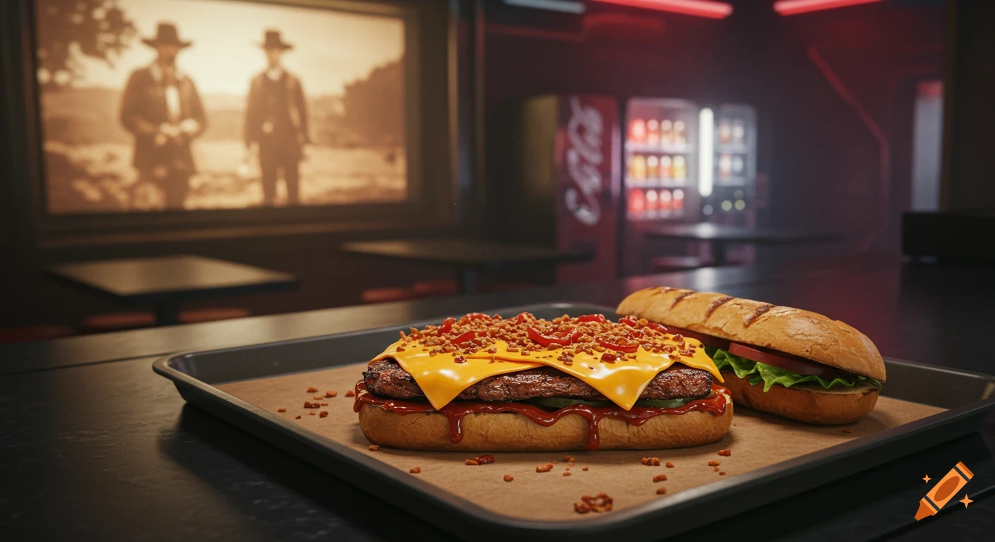 A loaded open sandwich with melted cheese and toppings, beside another sandwich on a tray in a dimly lit cyberpunk cafeteria with a blurry screen.