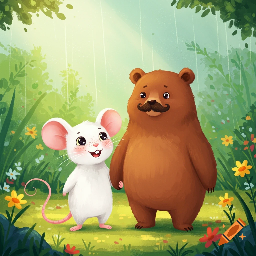 A cute cartoon white mouse with freckles and a brown bear with a mustache stand in a green forest with flowers.