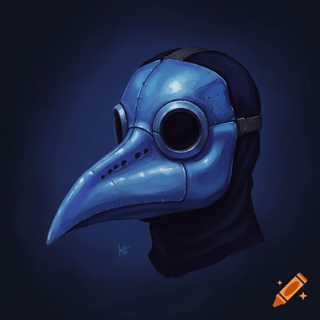 An illustration of a blue plague doctor mask on a dark blue background.