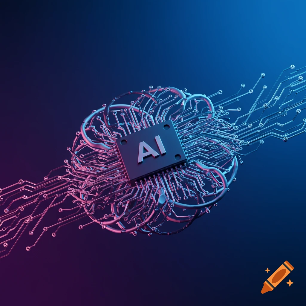 A chip labeled "AI" with circuits forming a brain shape, rendered in blue and pink neon light.