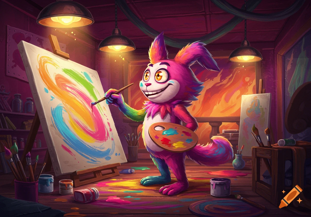 A colorful, furry, cartoon character with big eyes and a wide grin paints abstract art on an easel in a vibrant art studio, surrounded by paint and brushes.
