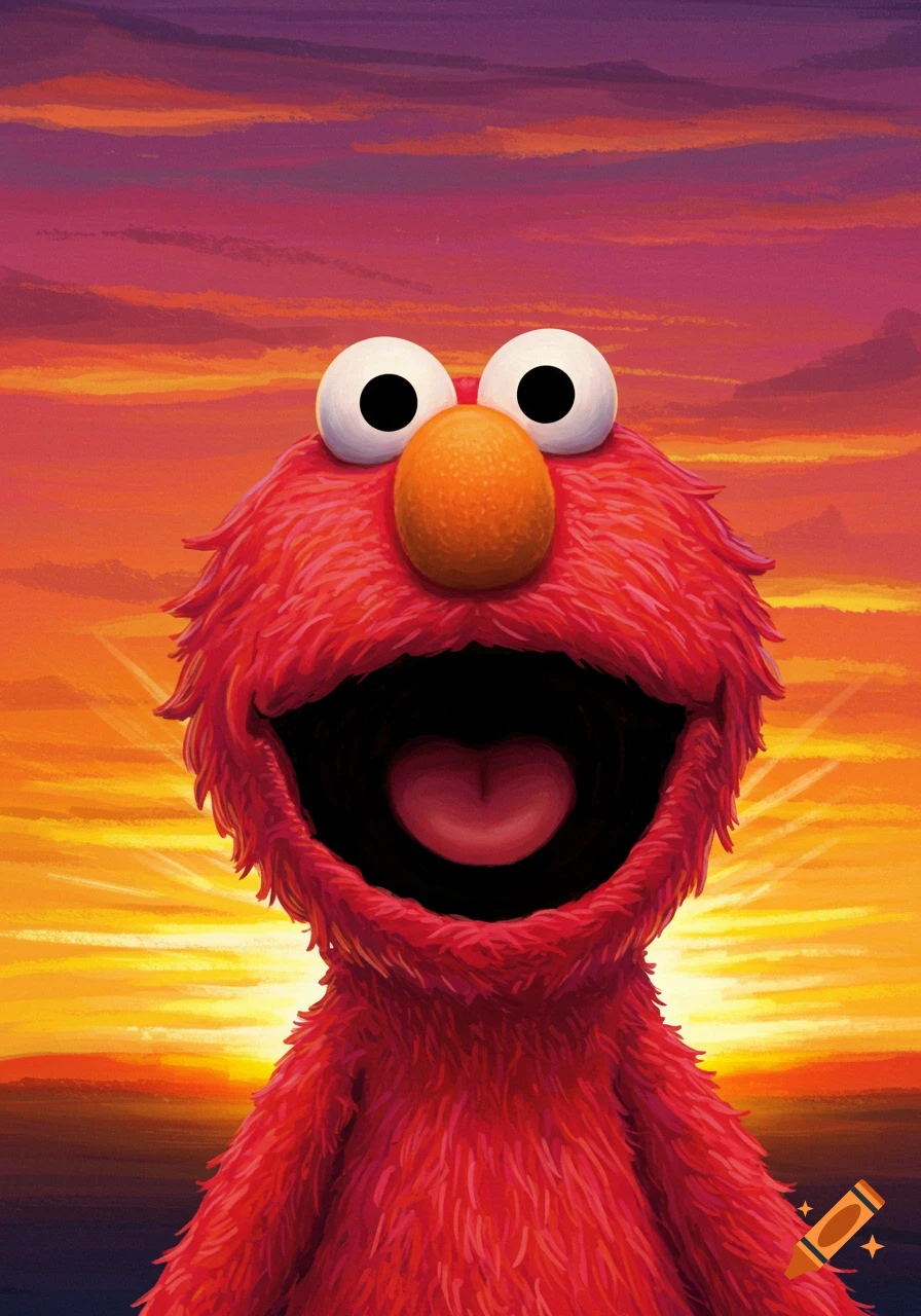 Elmo, a red furry monster, with his mouth wide open, screaming against a vibrant orange and purple sunset.