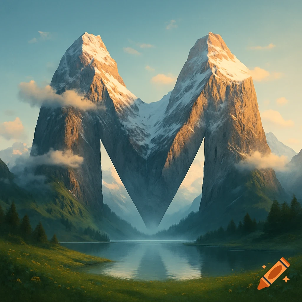 Scenic mountain landscape where the mountains form the letter M, reflected in a serene lake at sunrise.