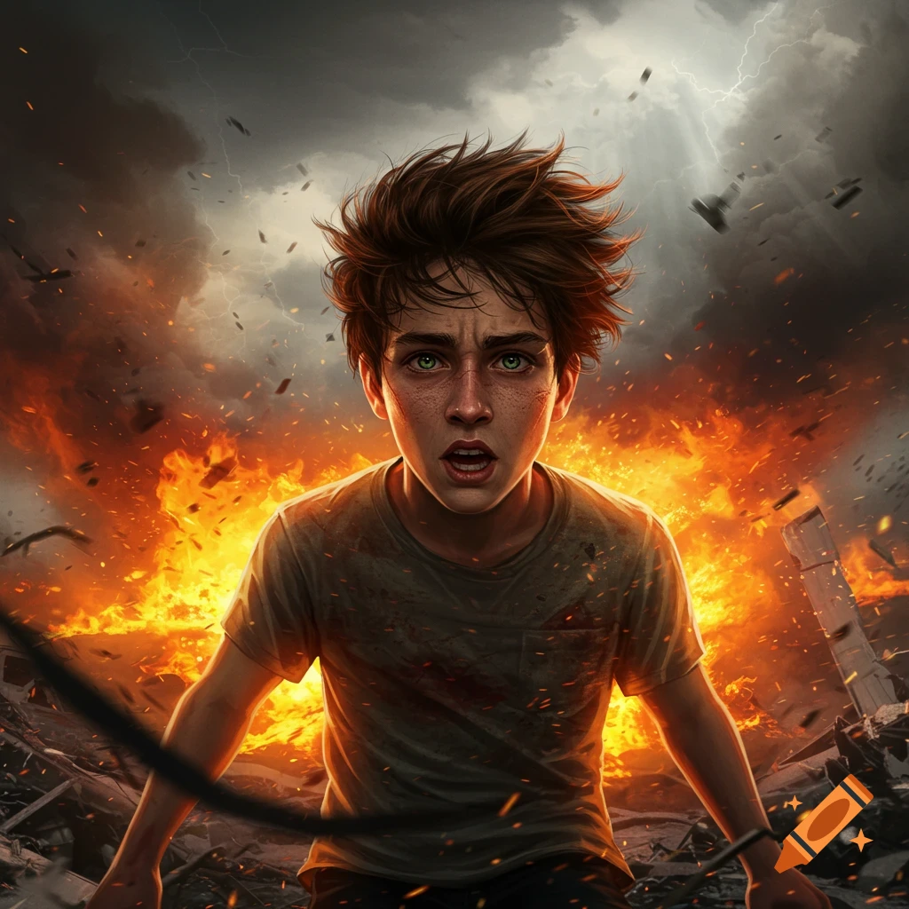 A distressed boy with green eyes and messy brown hair stands amidst fiery explosions and debris under a storm sky with lightning in a dramatic illustration.