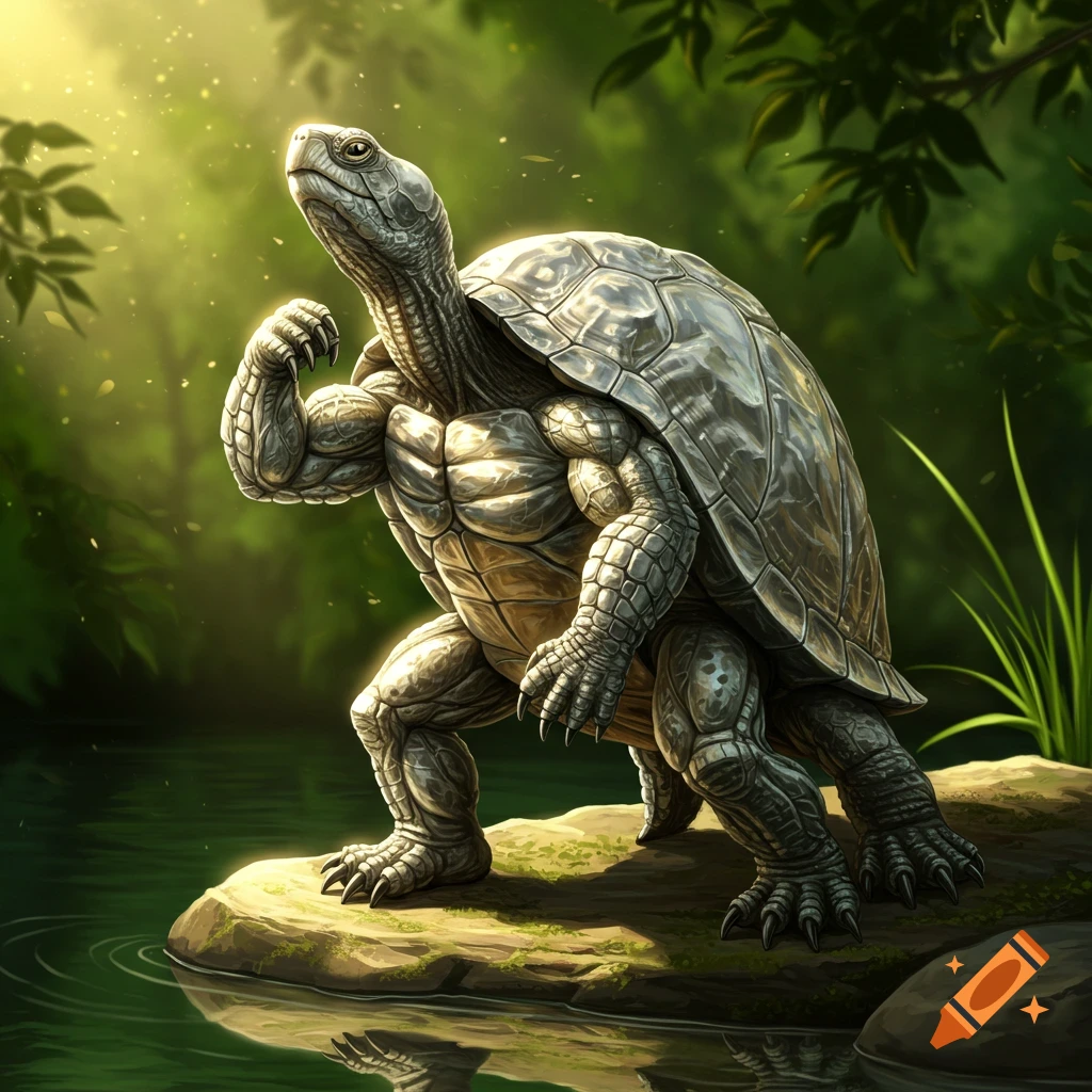 A muscular, anthropomorphic turtle with a silver shell stands on a rock next to water in a sunlit forest.