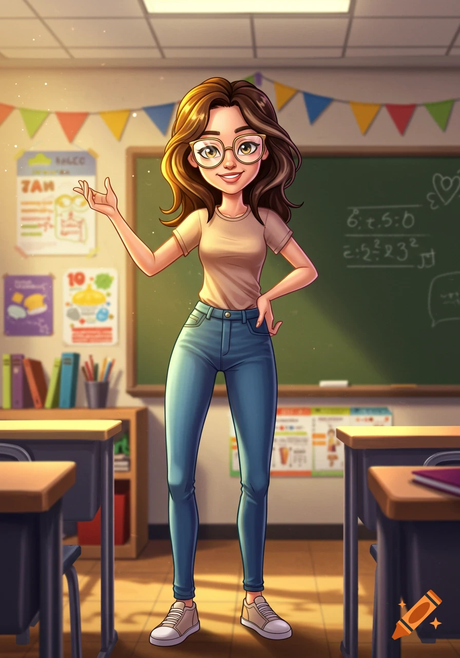A cartoon illustration of a smiling female teacher with brown hair and glasses, wearing a t-shirt and jeans, standing in a classroom.