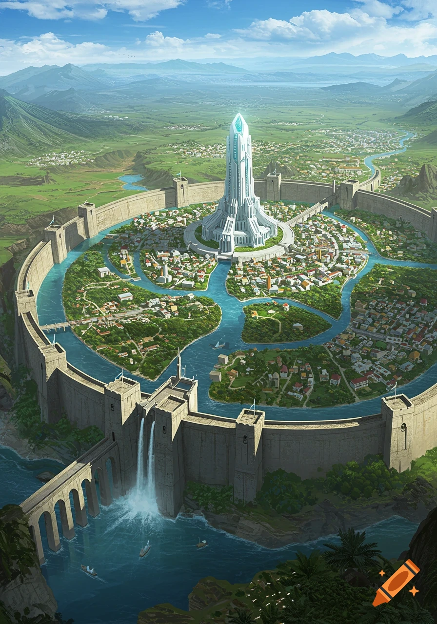 Aerial view of a sprawling, walled fantasy city with a towering central building, intricate canals, and a large dam with waterfalls.