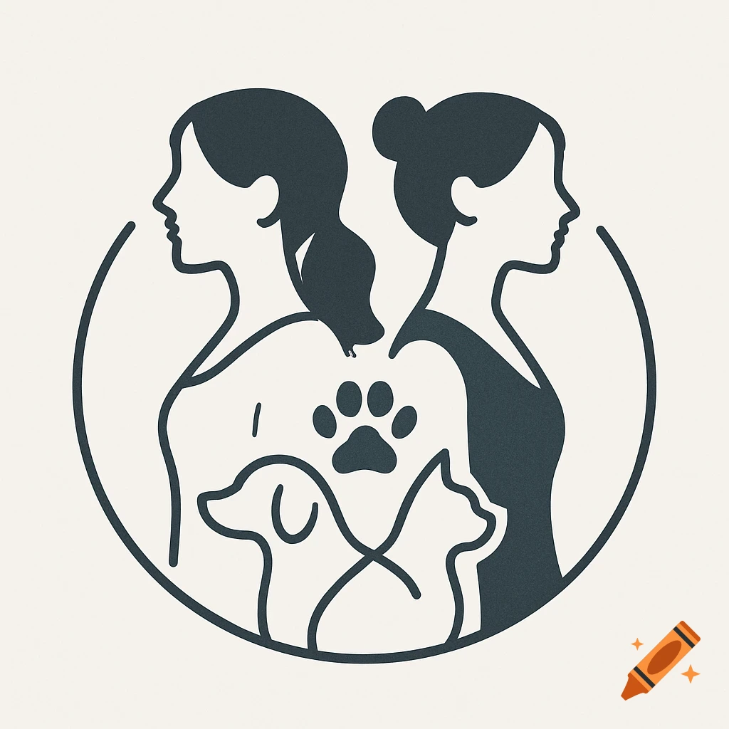 Minimalist circular logo with two women's silhouettes back-to-back, a dog, a cat, and a paw print.