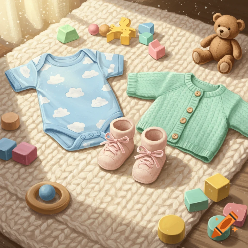 Blue baby onesie, green sweater, pink booties, a teddy bear, and colorful wooden toys arranged on a cream knitted blanket in a warm, illustrative style.
