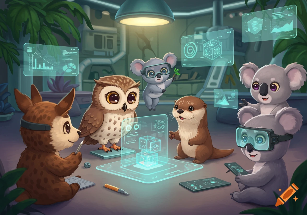 Cartoon animals like an owl, otter, and koalas interacting with holographic screens and tablets in a futuristic lab.