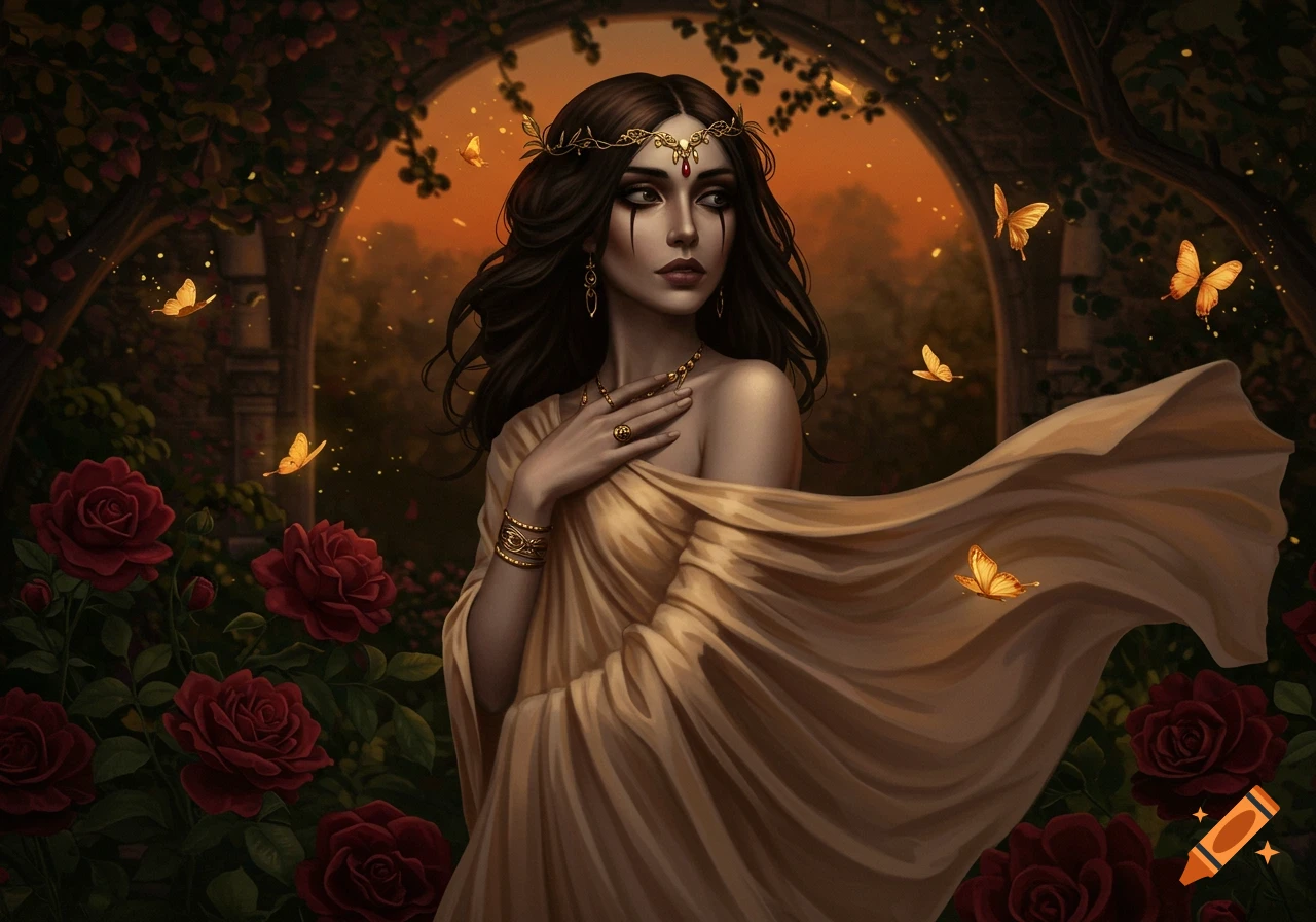 Dark-haired woman in flowing gold gown and crown, with dramatic makeup, stands among red roses and golden butterflies in an archway at sunset.