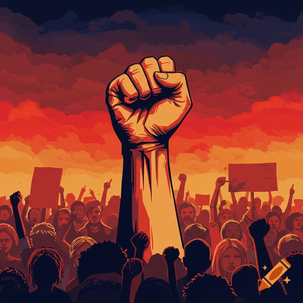 A large, stylized raised fist stands against a fiery red and orange sky, above a silhouetted crowd of protestors.