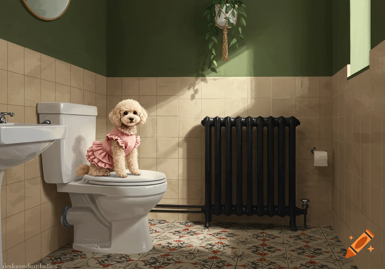 A cream-colored poodle in a pink frilly dress sits on a white toilet in a stylish bathroom with green and beige tiled walls and patterned floor.