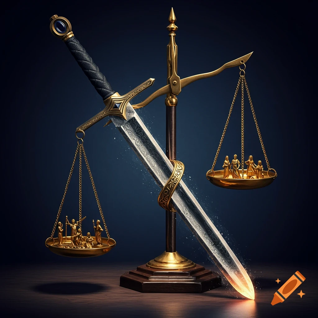 A sword with a glowing tip stands upright, entwined with a golden scale of justice. Small figures balance on the scale's pans.