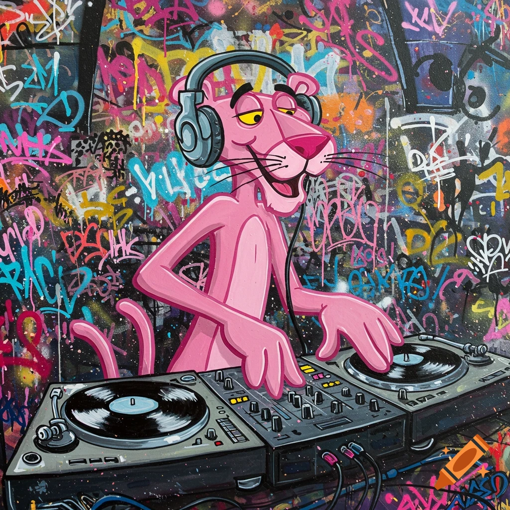 Pink Panther wearing headphones and playing DJ decks against a vibrant graffiti background.