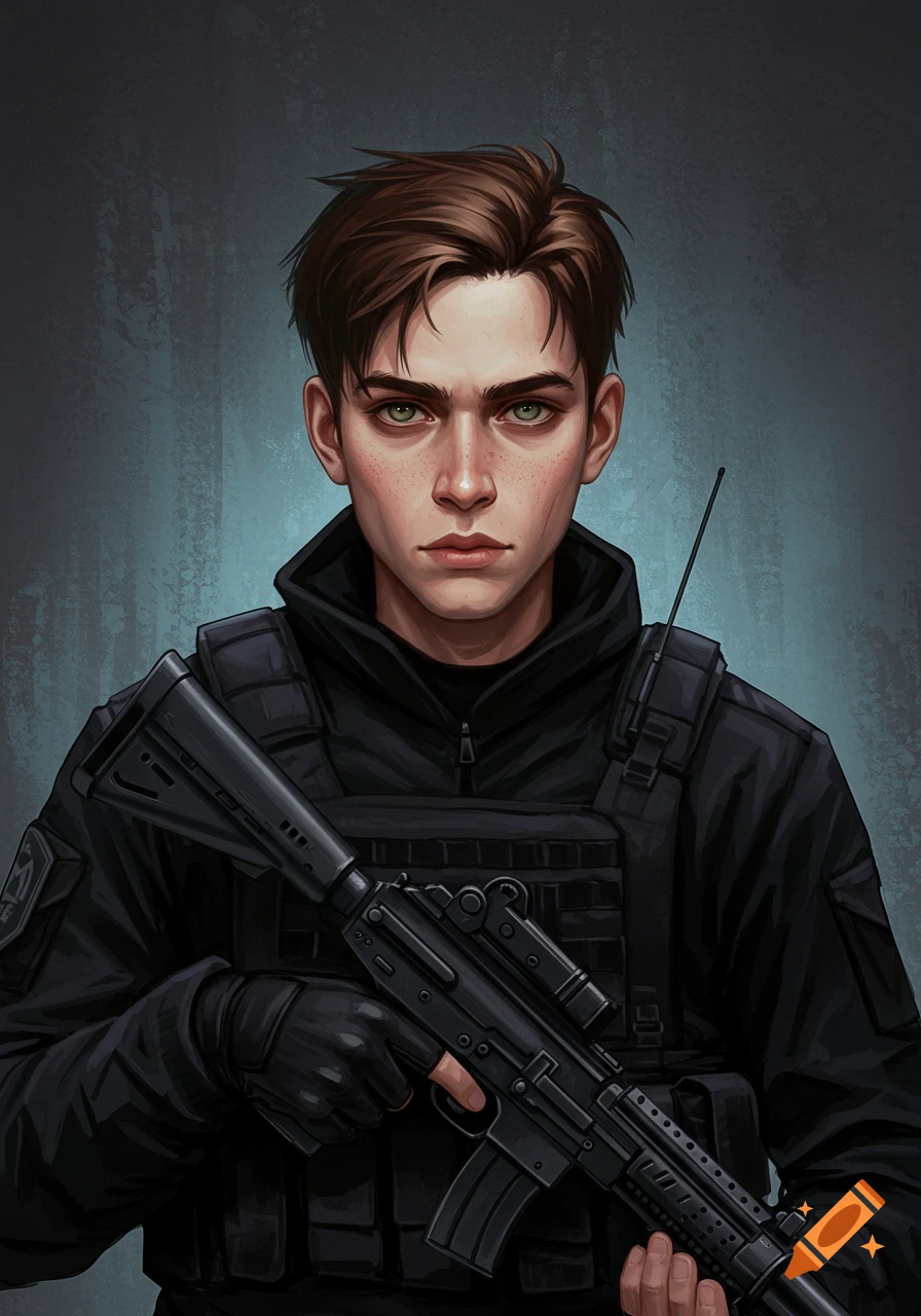 Digital painting of a young man with brown hair and green eyes, wearing black tactical gear and holding a rifle.