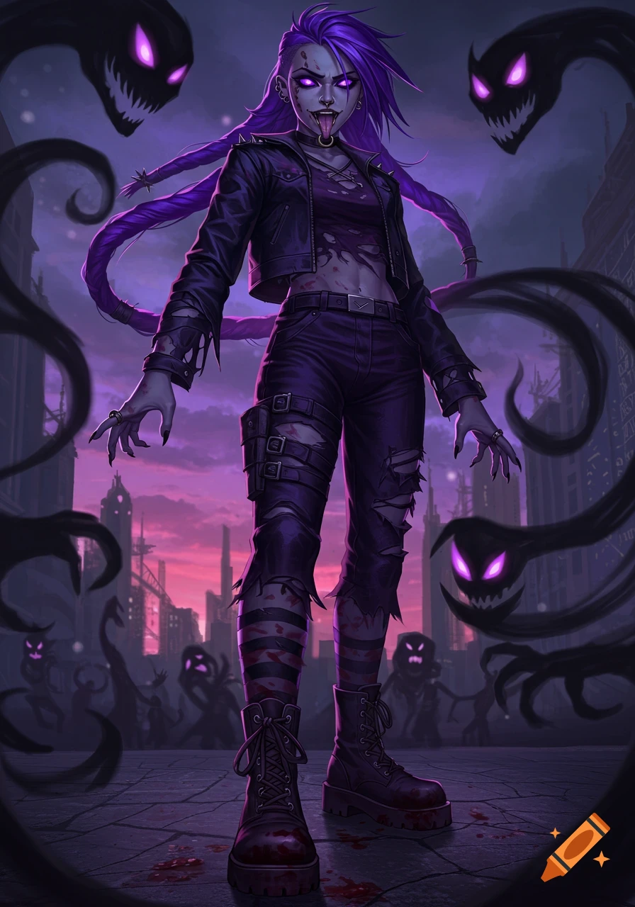 Purple-haired woman in ripped black clothes with sharp nails and tongue piercing, surrounded by shadowy monsters in a dystopian city, stylized illustration.