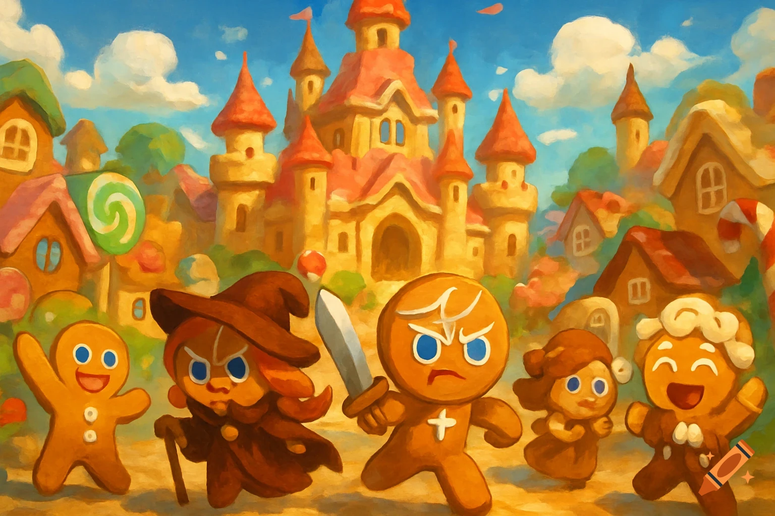 Five gingerbread characters, including a wizard and a knight with a sword, stand in a colorful, painterly candy village with a large castle.
