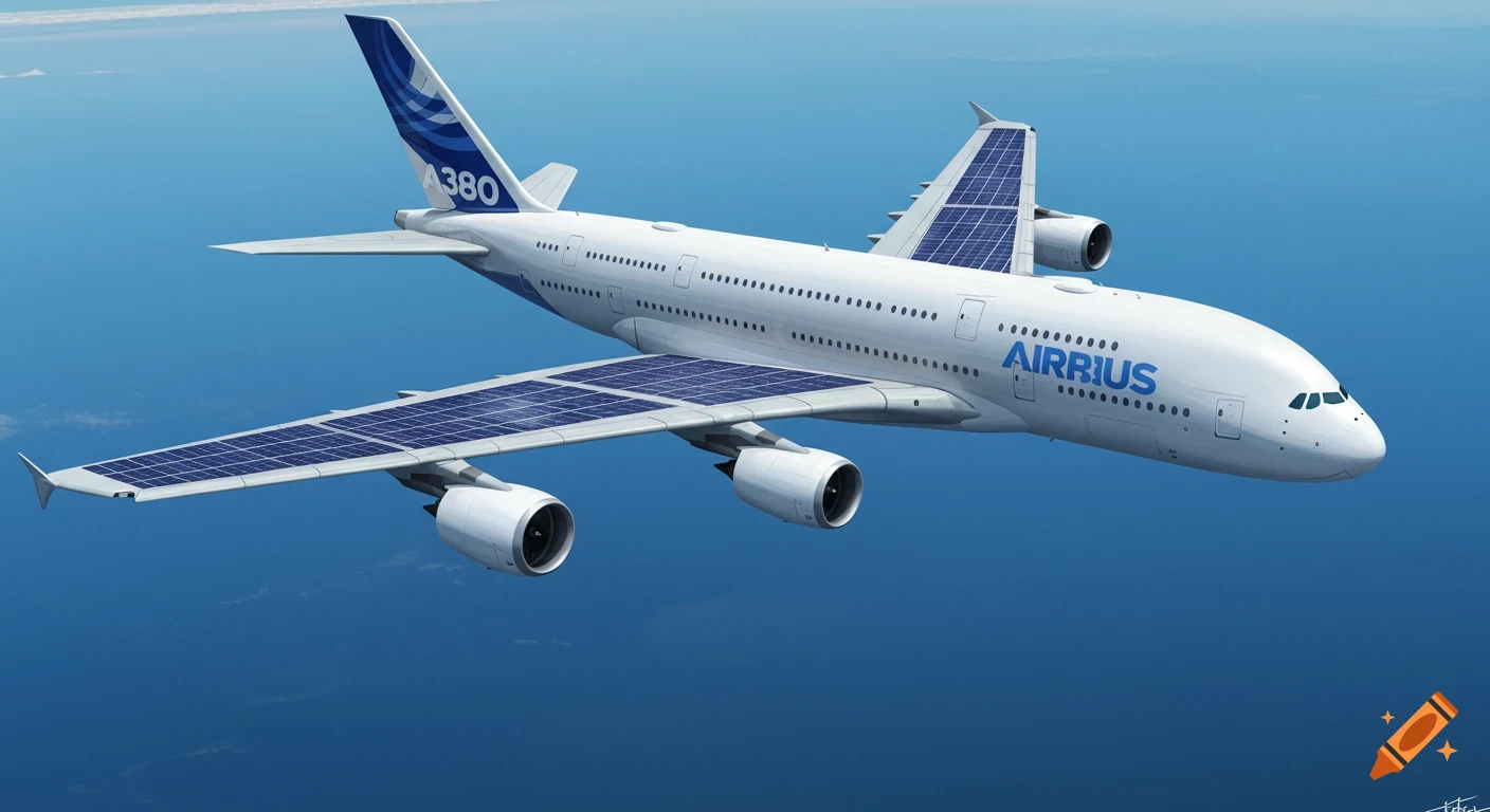 Photorealistic image of a white Airbus A380 airplane flying over a blue ocean, with blue solar panels on its wings and tail.