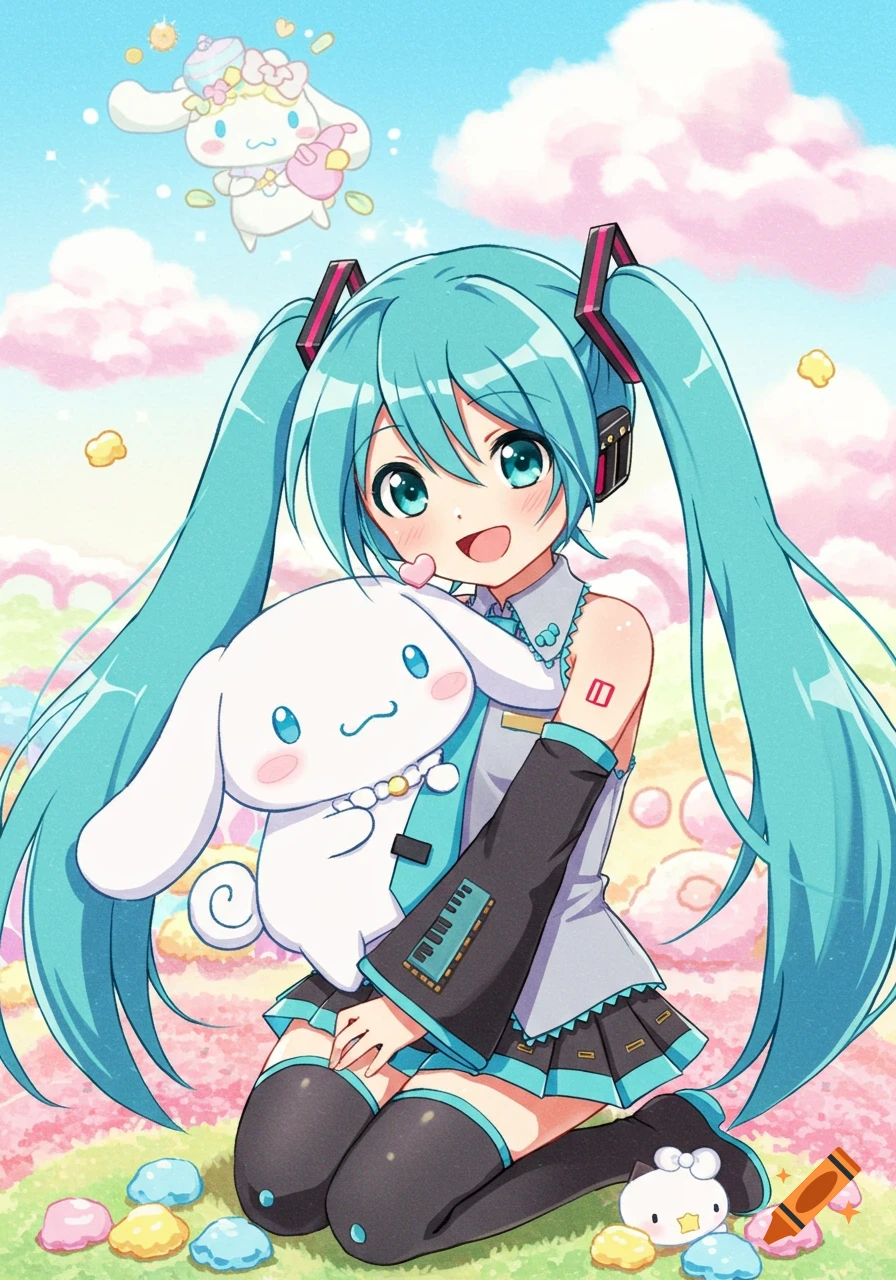 An anime illustration of Hatsune Miku kneeling and holding Cinnamoroll, with another Cinnamoroll character floating in a pastel sky.