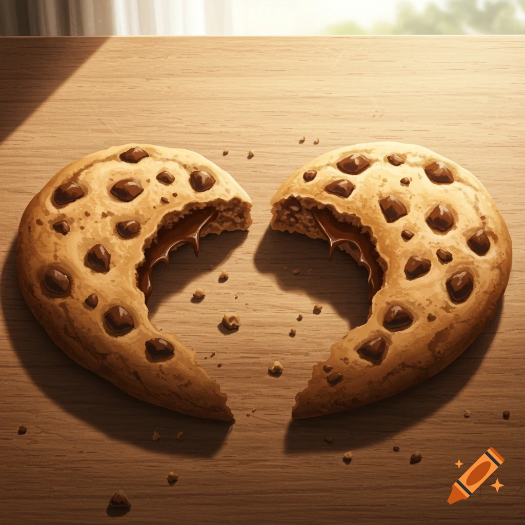 Two halves of a chocolate chip cookie with molten chocolate filling form a heart shape on a wooden table.
