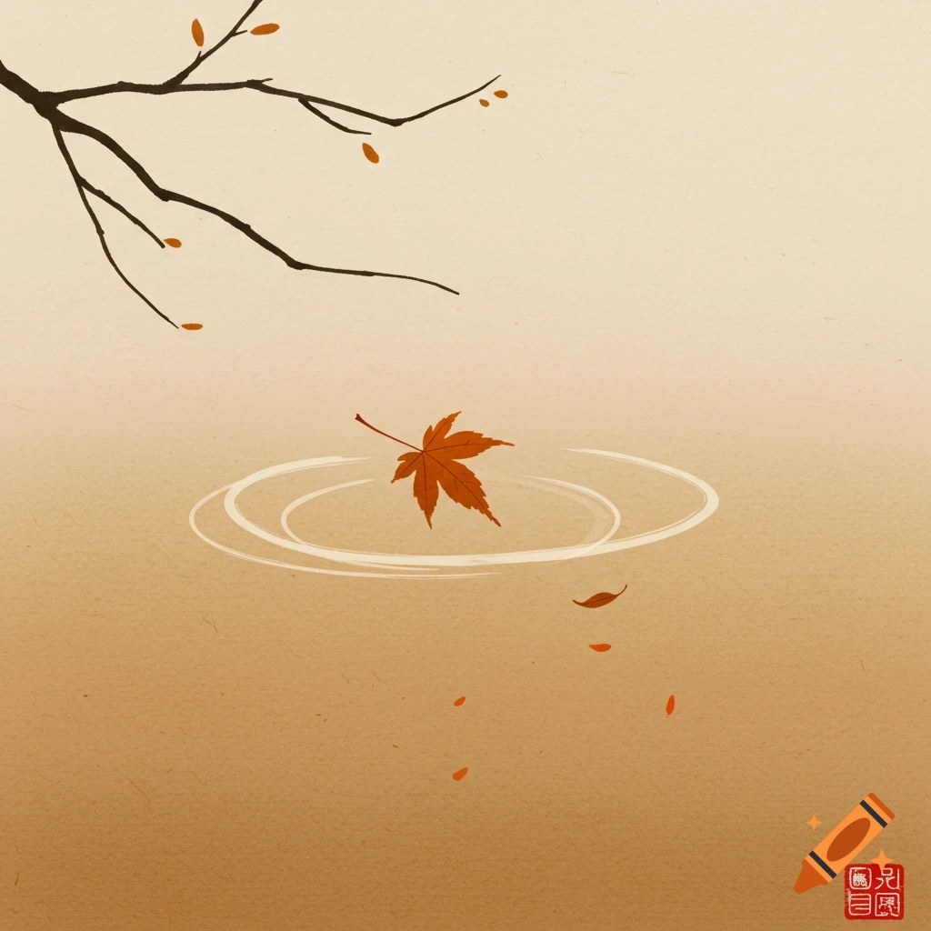A minimalist brush stroke illustration of an orange maple leaf falling onto water, creating ripples. A bare tree branch hangs from the top.