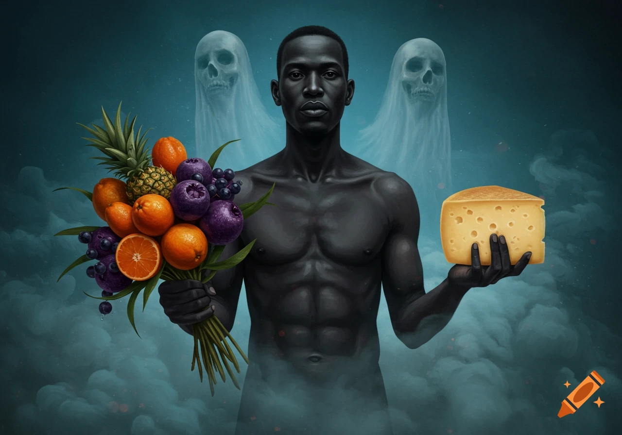 A dark-skinned man with a serious expression holds a bouquet of vibrant fruit in one hand and a block of cheese in the other, flanked by two ghostly skulls in a misty, dark blue environment.
