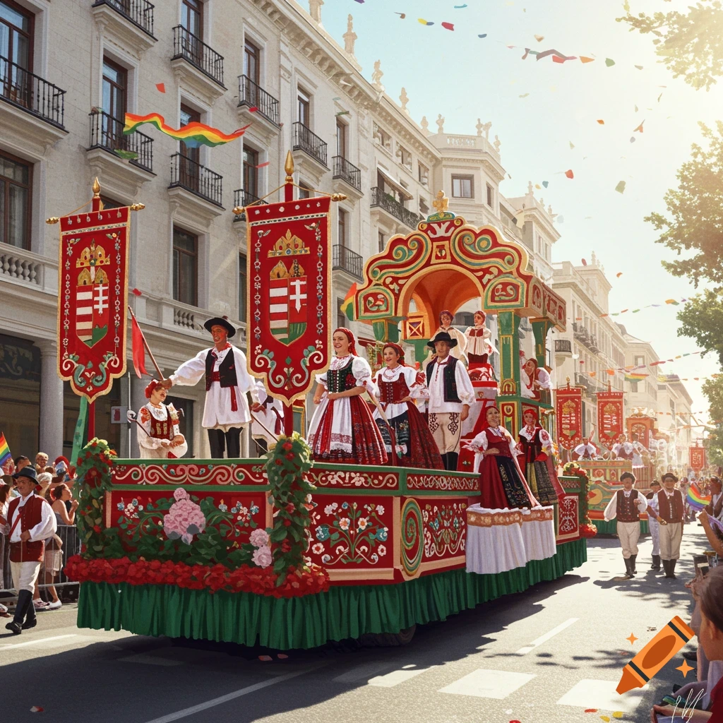 People in traditional Hungarian attire on a decorated float at a sunny parade in a city street, with a rainbow flag and confetti.
