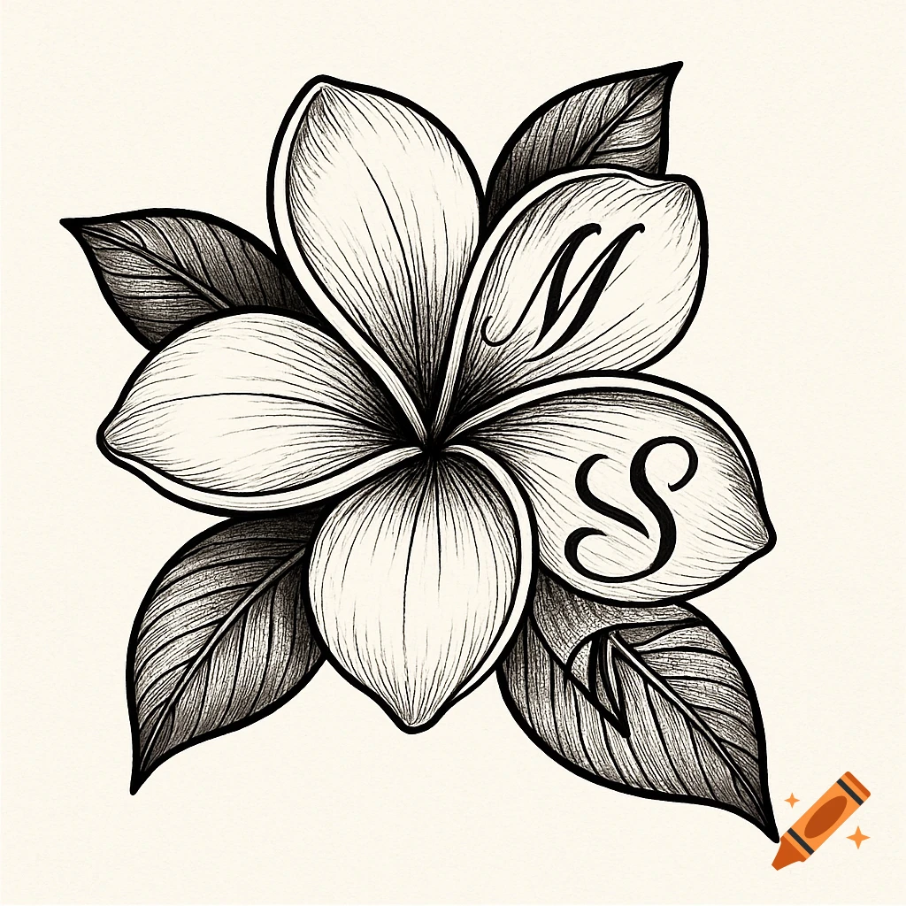 Black and white line art tattoo of a frangipani flower with the initials M and S incorporated into two petals.