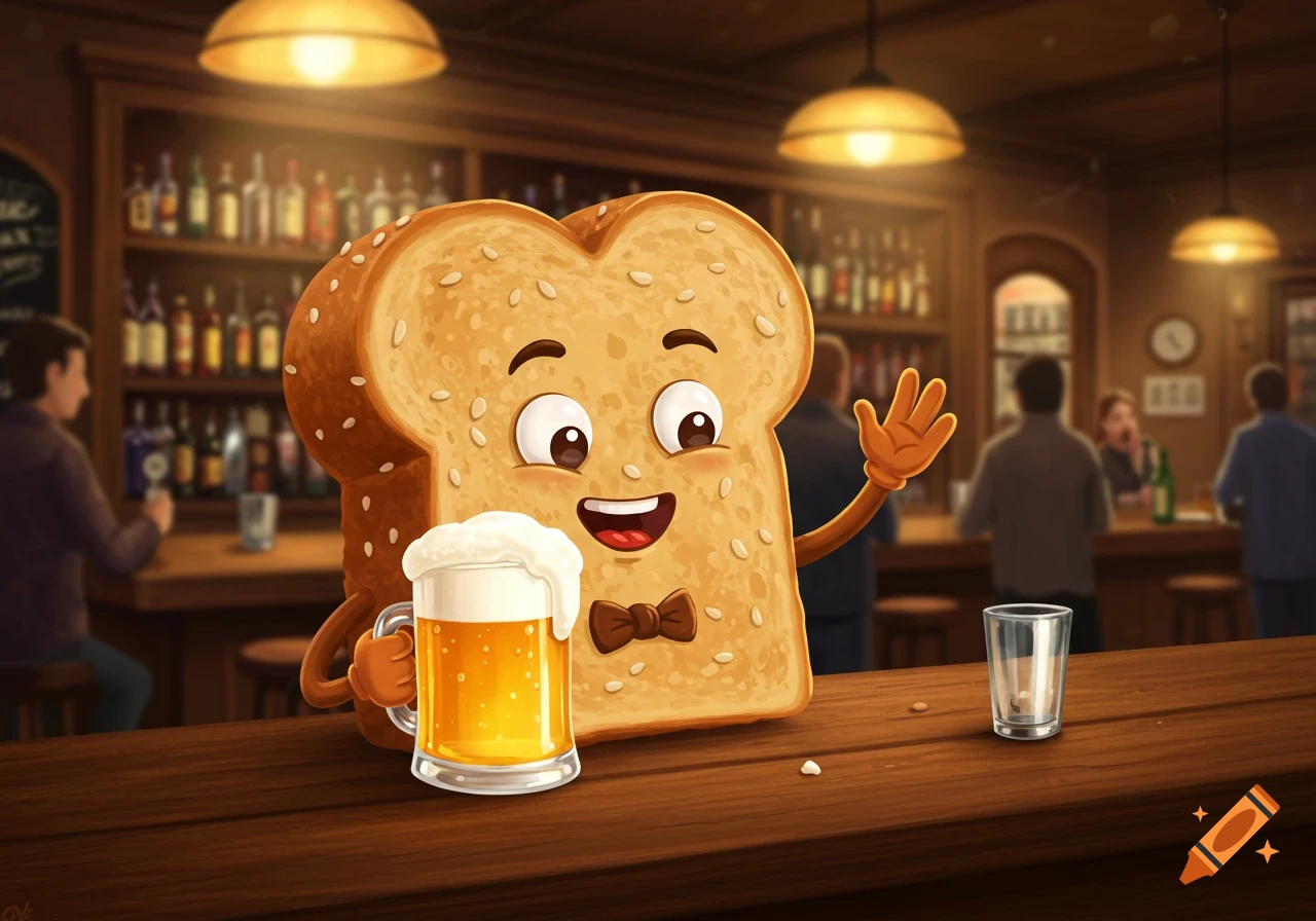 A cheerful cartoon slice of toast wearing a bow tie waves while holding a mug of beer at a bar counter.