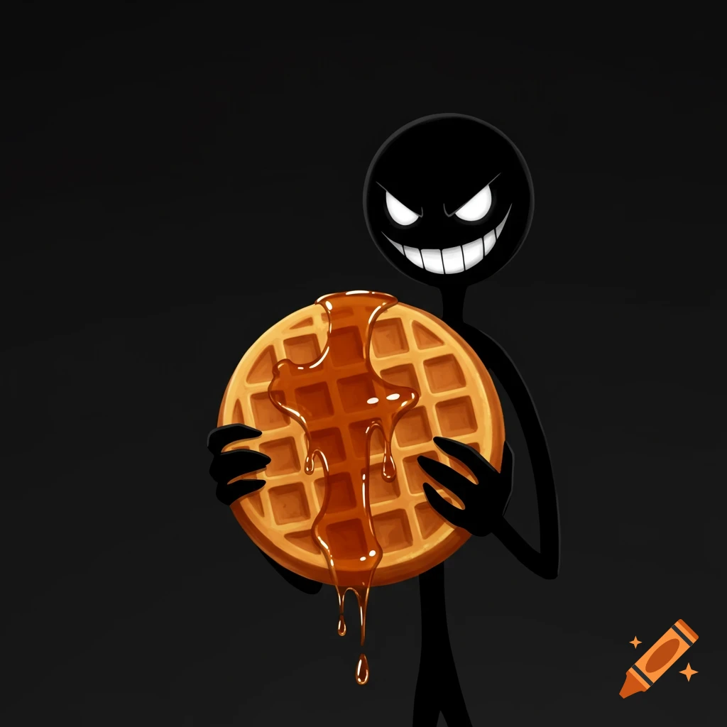 A black cartoon stickman with an evil grin holds a waffle dripping with syrup against a black background.