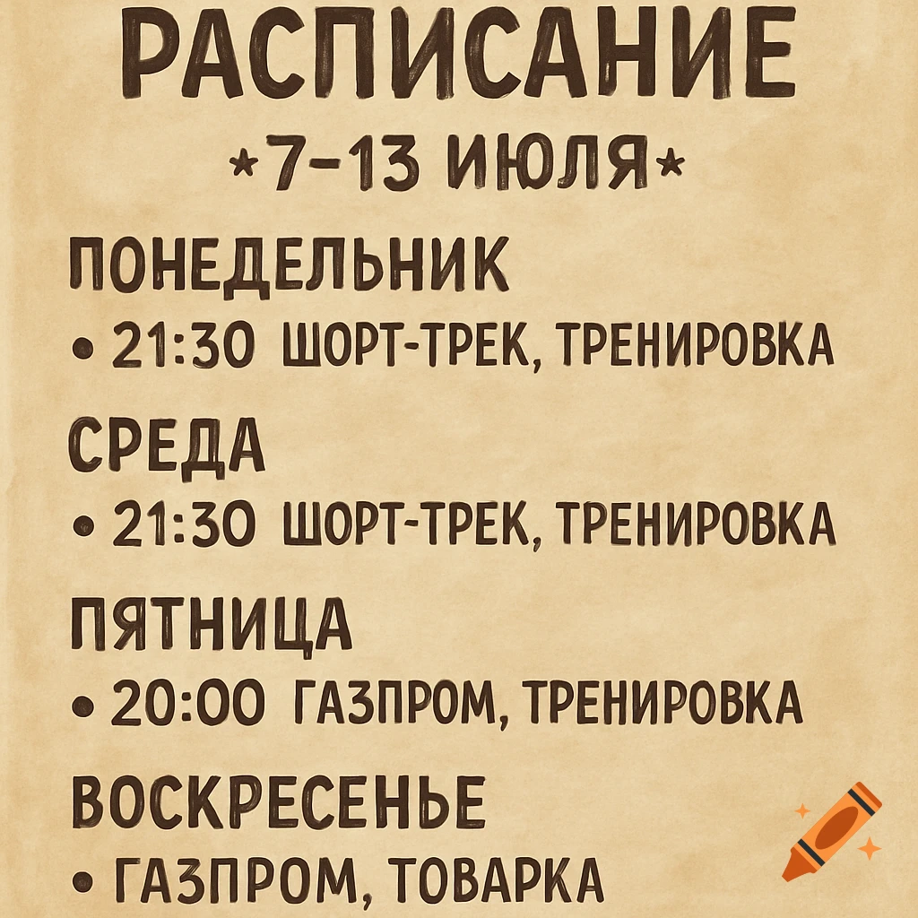 A schedule written in Cyrillic text on a beige, parchment-like background.