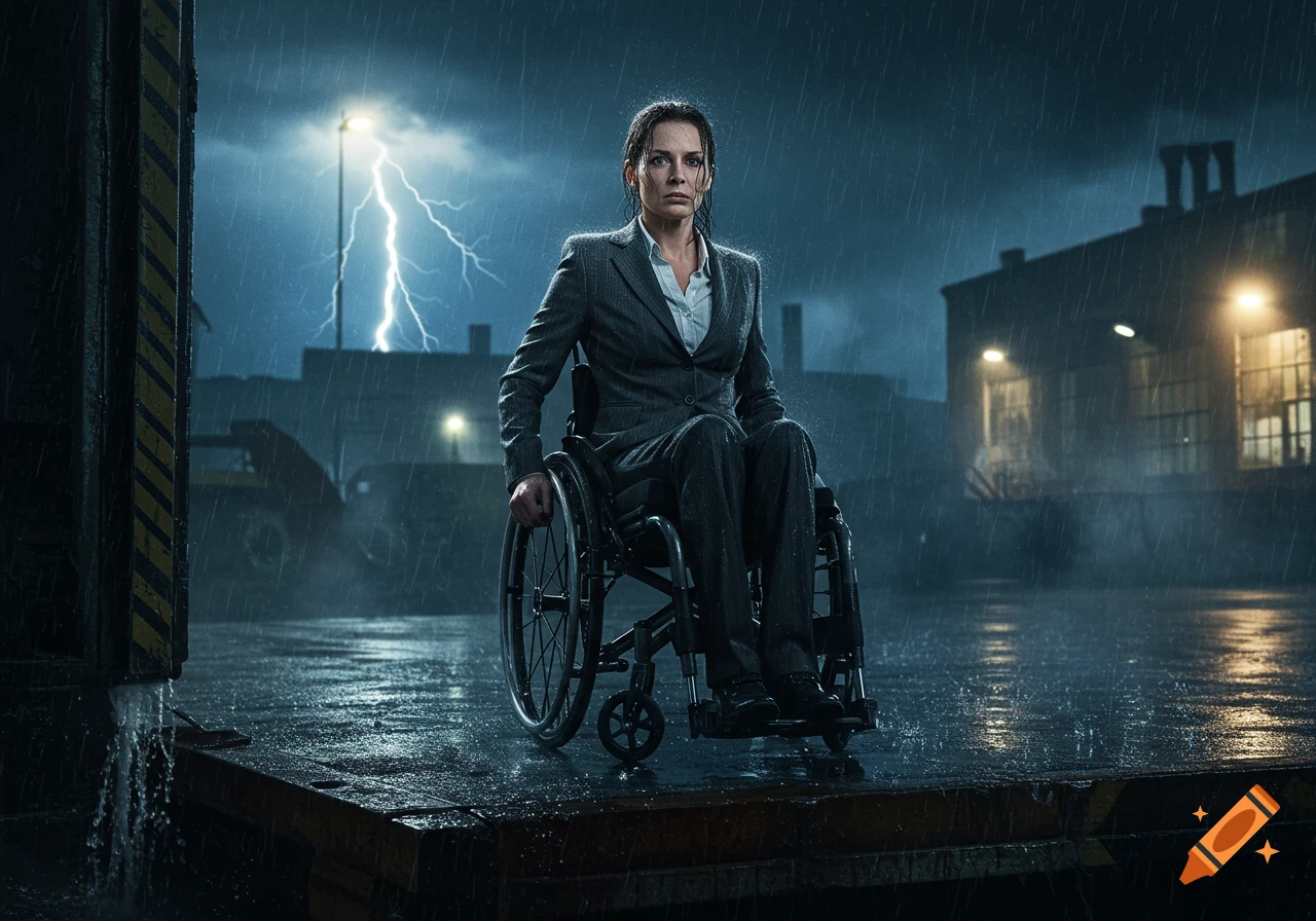 Photorealistic image of a woman in a business suit in a wheelchair on a rainy loading dock at night, with lightning in the background.
