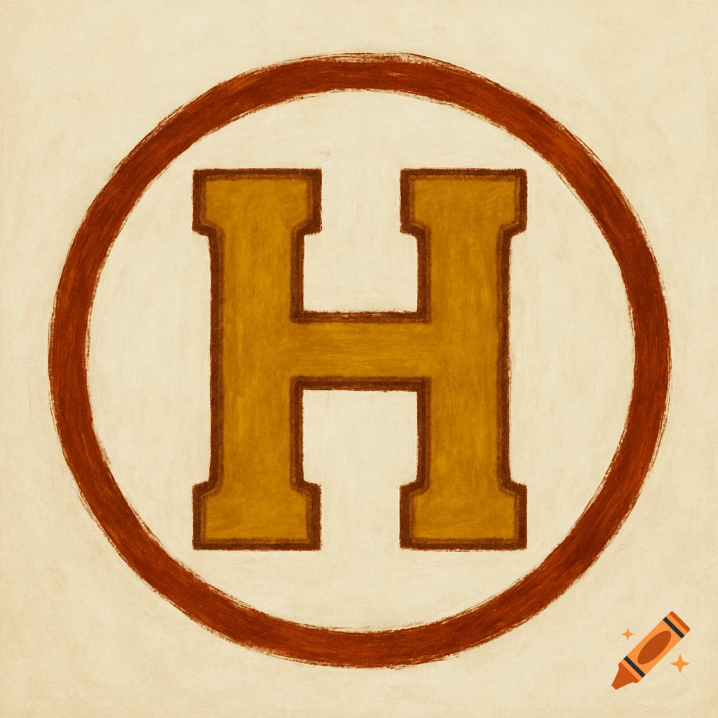 A bold, gold block letter H with brown outlines, set inside a thick, rustic brown circle on a textured beige background.
