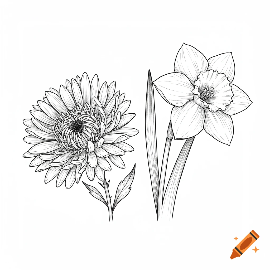 Black and white line drawing of an aster flower and a narcissus flower.
