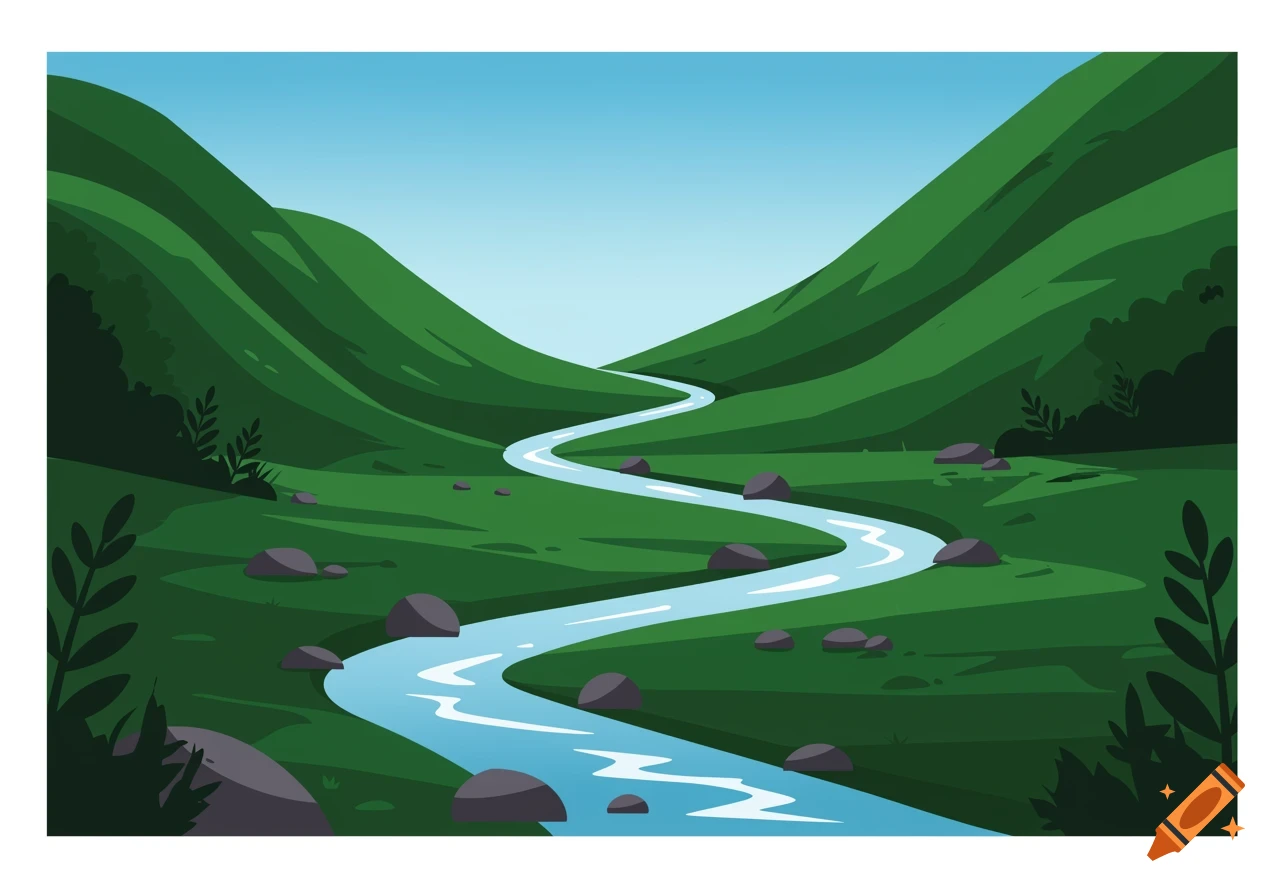 A winding blue river flows through a vibrant green valley between two steep hills under a clear blue sky, in an illustration style.