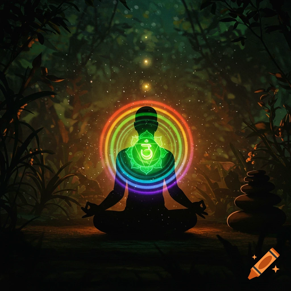 Silhouette meditating in a dark forest with a glowing rainbow chakra and Om symbol.