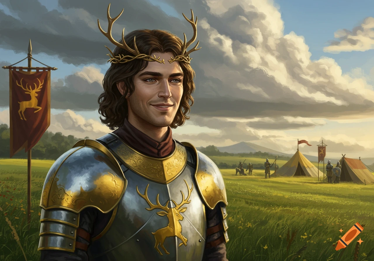 A smiling man wearing a stag-antler crown and armor, standing in a grassy field with tents and soldiers.