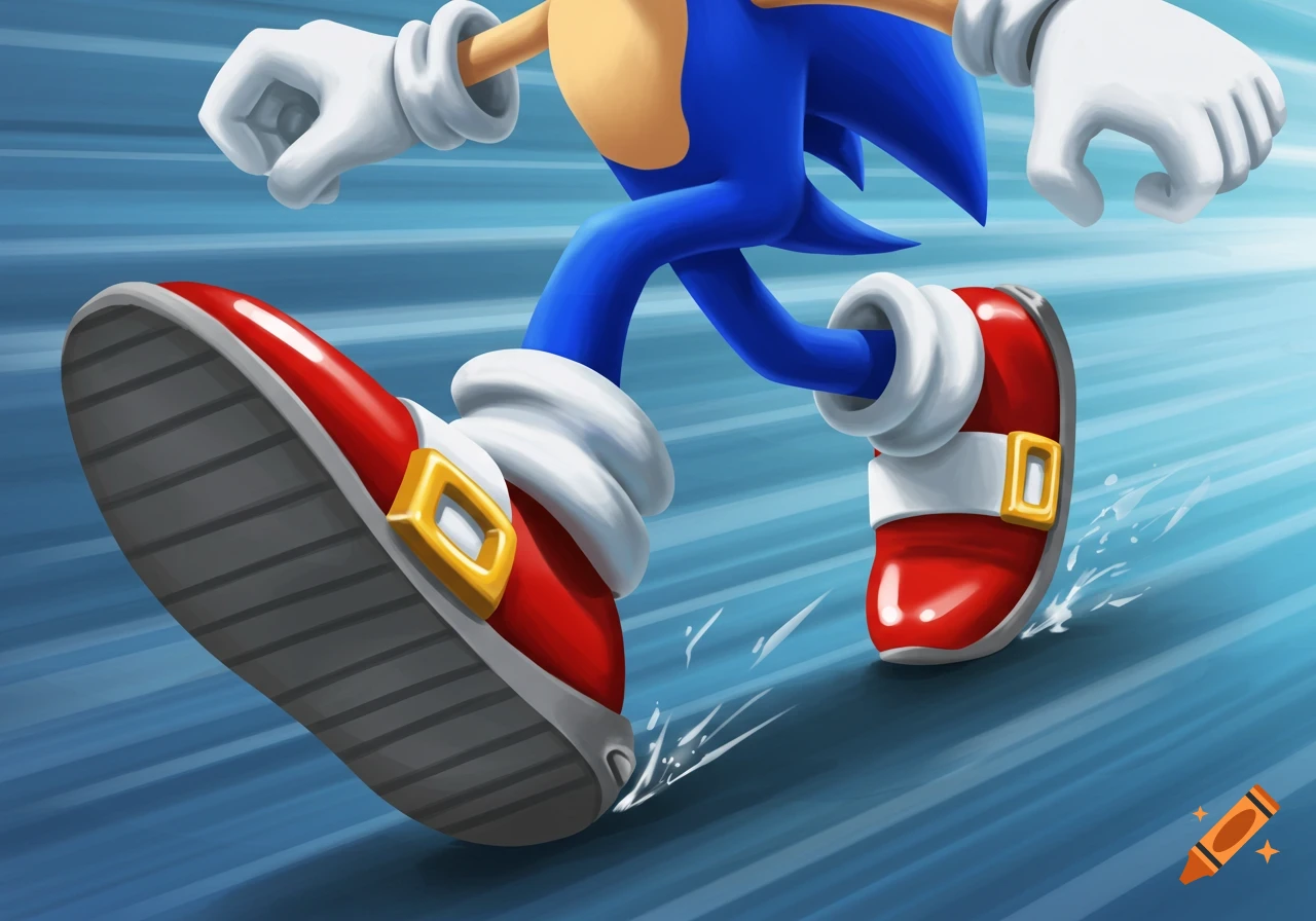 Close-up of Sonic the Hedgehog's blue legs and red shoes mid-run, with speed lines in the background.