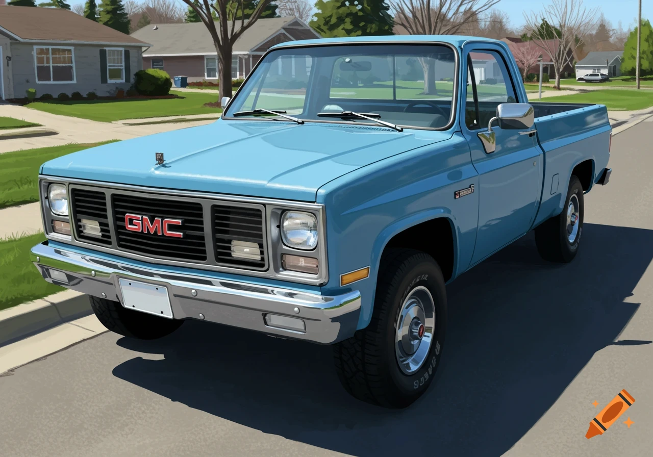 A light blue 1984 GMC pickup truck is parked on a suburban street in front of houses.