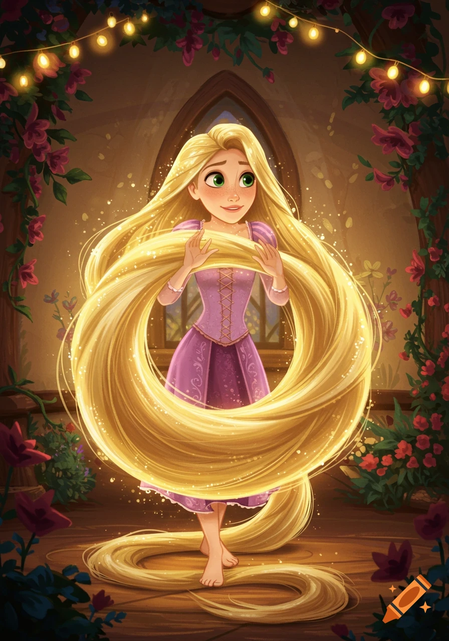 Animated Rapunzel with long golden hair forming a large loop around her, standing in a magical room with flowers and string lights.
