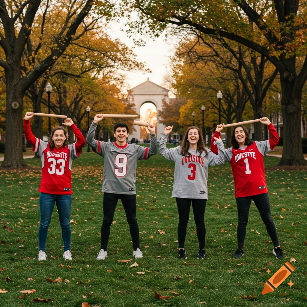 Four students in Ohio State jerseys stand on a grassy campus quad in autumn, holding wooden sticks above their heads.