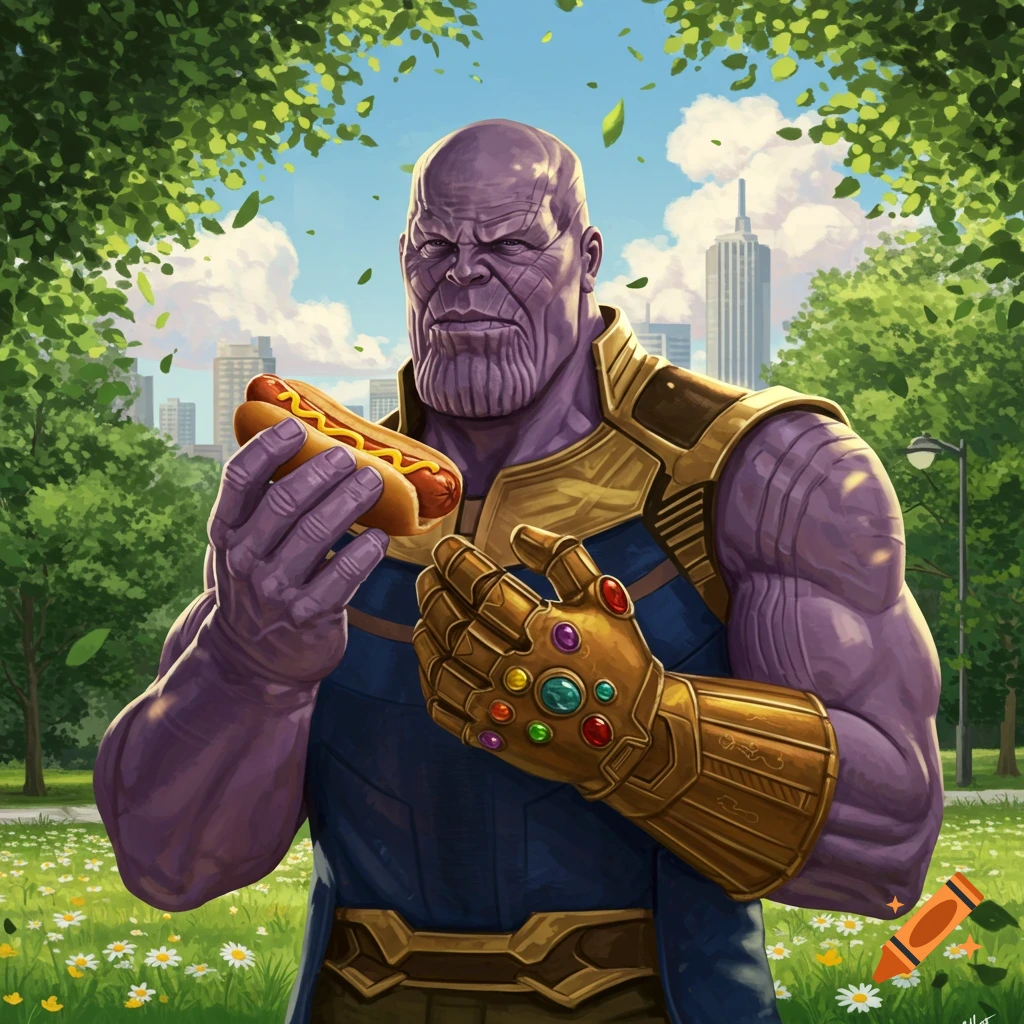 Thanos in armor and Infinity Gauntlet holds a hotdog in a vibrant park with a city skyline.