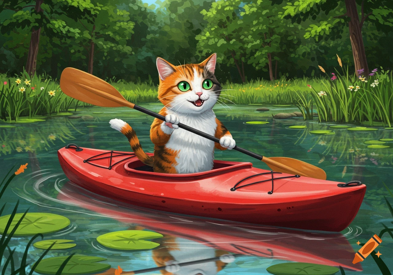 A cute calico cat with green eyes happily paddles a red kayak through a calm, green-forested lake with lily pads, in a bright cartoon style.