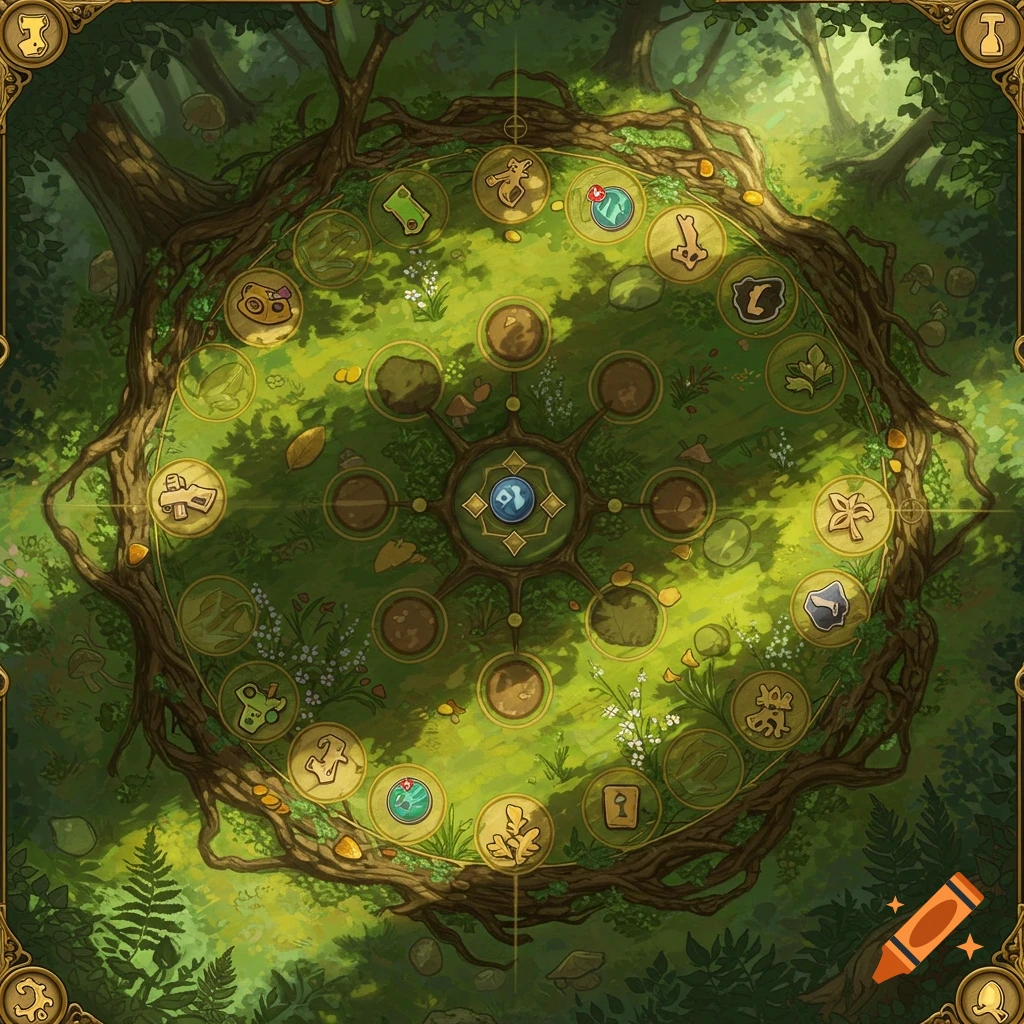 A fantasy board game board with a circular layout of tree roots, set in a lush green forest with various game spaces and abstract symbols.